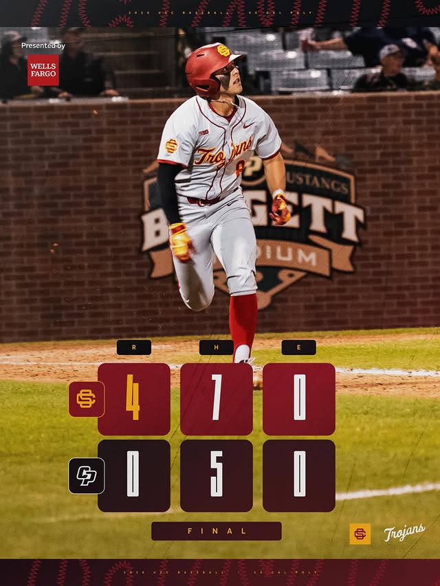 Instagram post by @sctrojans_baseball for Wells Fargo. Caption reads: [...] get it done on the road ✌️ #FightOn x....