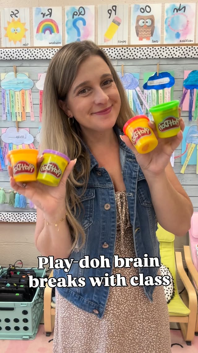 Instagram post by @teaching_with_april for Play-Doh. Caption reads: A fun and flexible brain break activity that is....