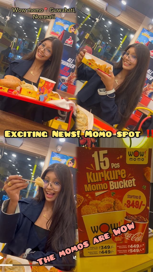 Instagram post by @itz_sarbani_official for Wow! Momo. Caption reads: Your favourite WOW! Momo is now open in <Noonmati....