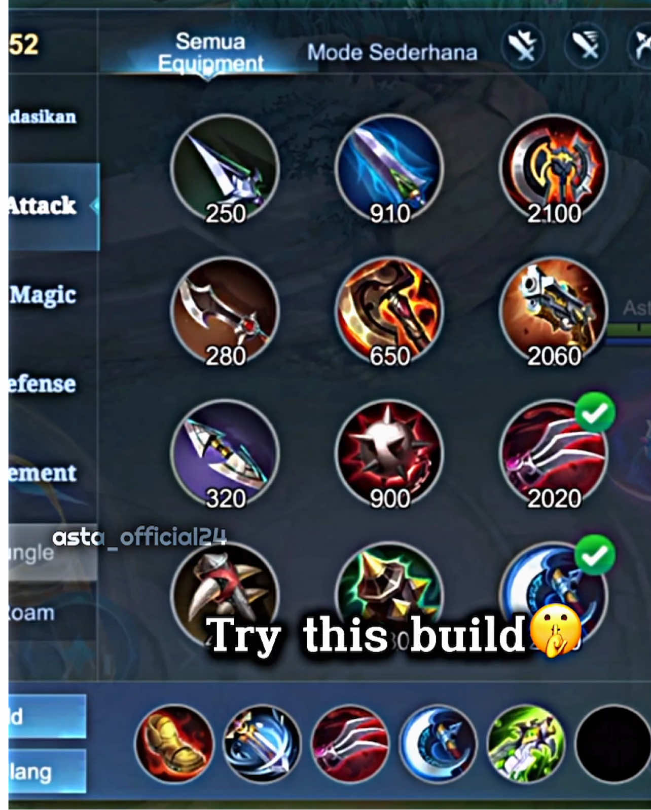 TikTok post by @asta_official24 for Mobile Legends. Caption reads: Tutorial Build Nana ✅ @Mobile Legends Indonesia....