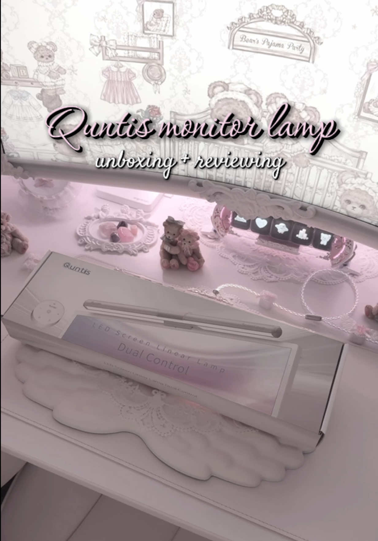 TikTok post by @coquettolic for Quntis. Caption reads: 𑣲 a setup must-have. reviewing Quntis LED Screen....