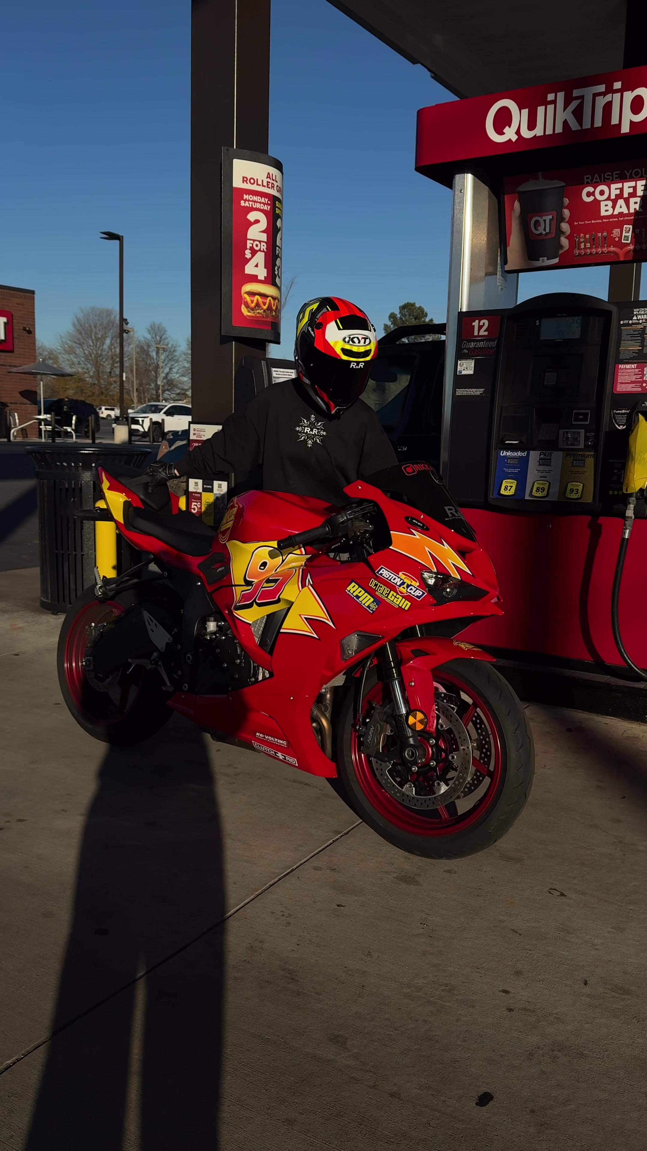 TikTok post by @rikkarides for Monster Fairings. Caption reads: [...] with my fav zx6recall <3 @QT @RnR @Monster....