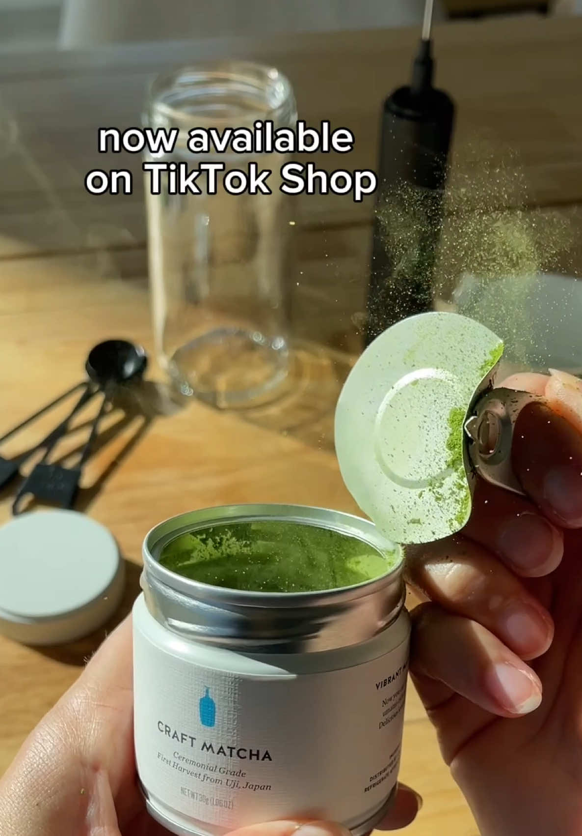 TikTok post by @tiktokshop_us for Blue Bottle Coffee. Caption reads: Unboxing your new @Blue Bottle Coffee craft matcha....