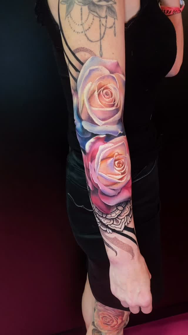 Instagram post by @inkreligionexeter for World Famous Tattoo Ink. Caption reads: Fresh roses from @deauvilletattoofestival 🌹✨....