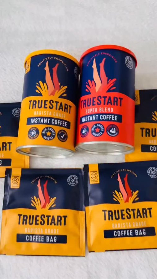 Instagram post by @testandreview2024 for TrueStart Coffee. Caption reads: ☀️ WAKE UP & DIVE IN with @truestartcoffee ☕️💥....