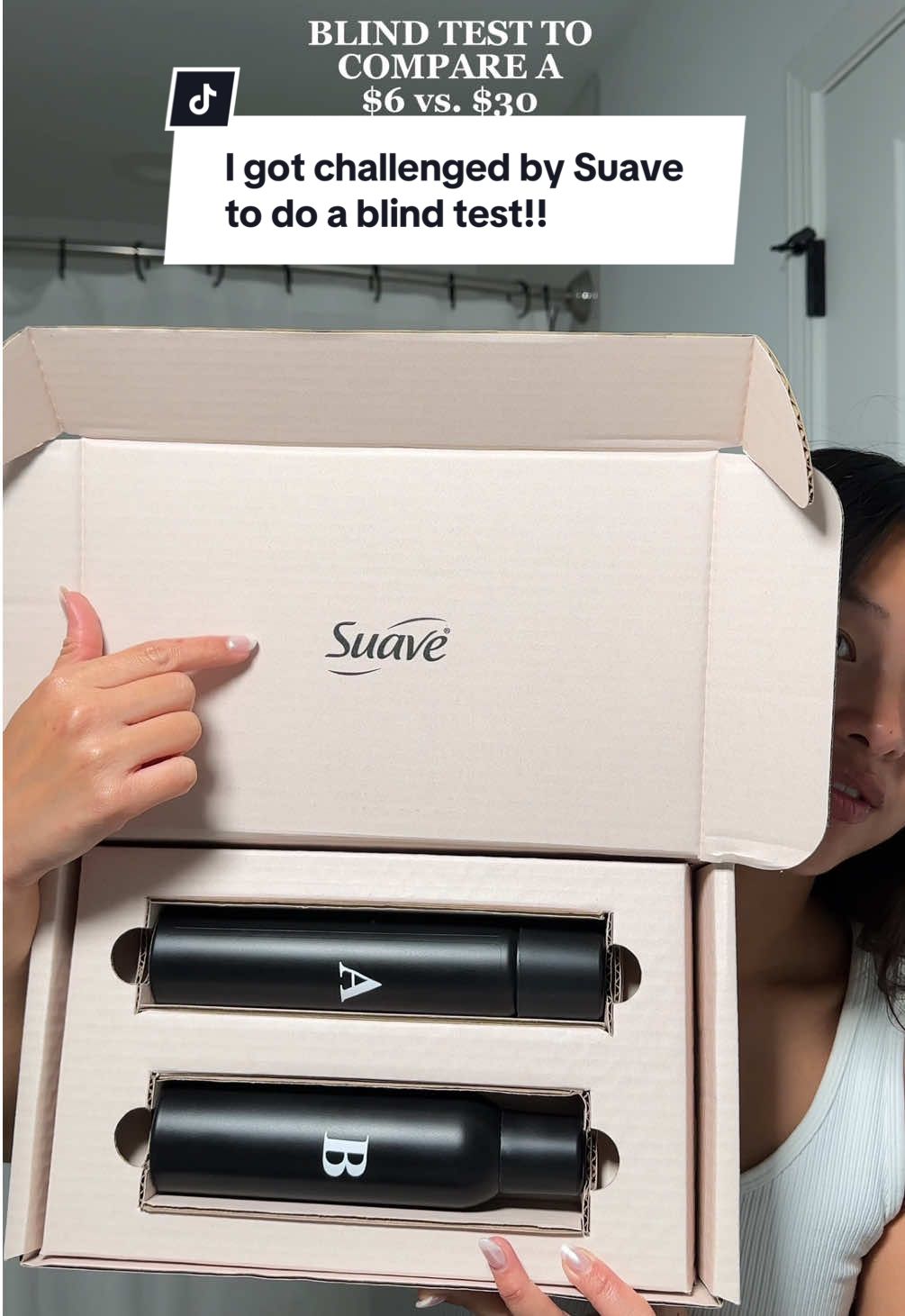 TikTok post by @abigaillinnn for Suave. Caption reads: I put a $6 dry shampoo against a $30 one in a....