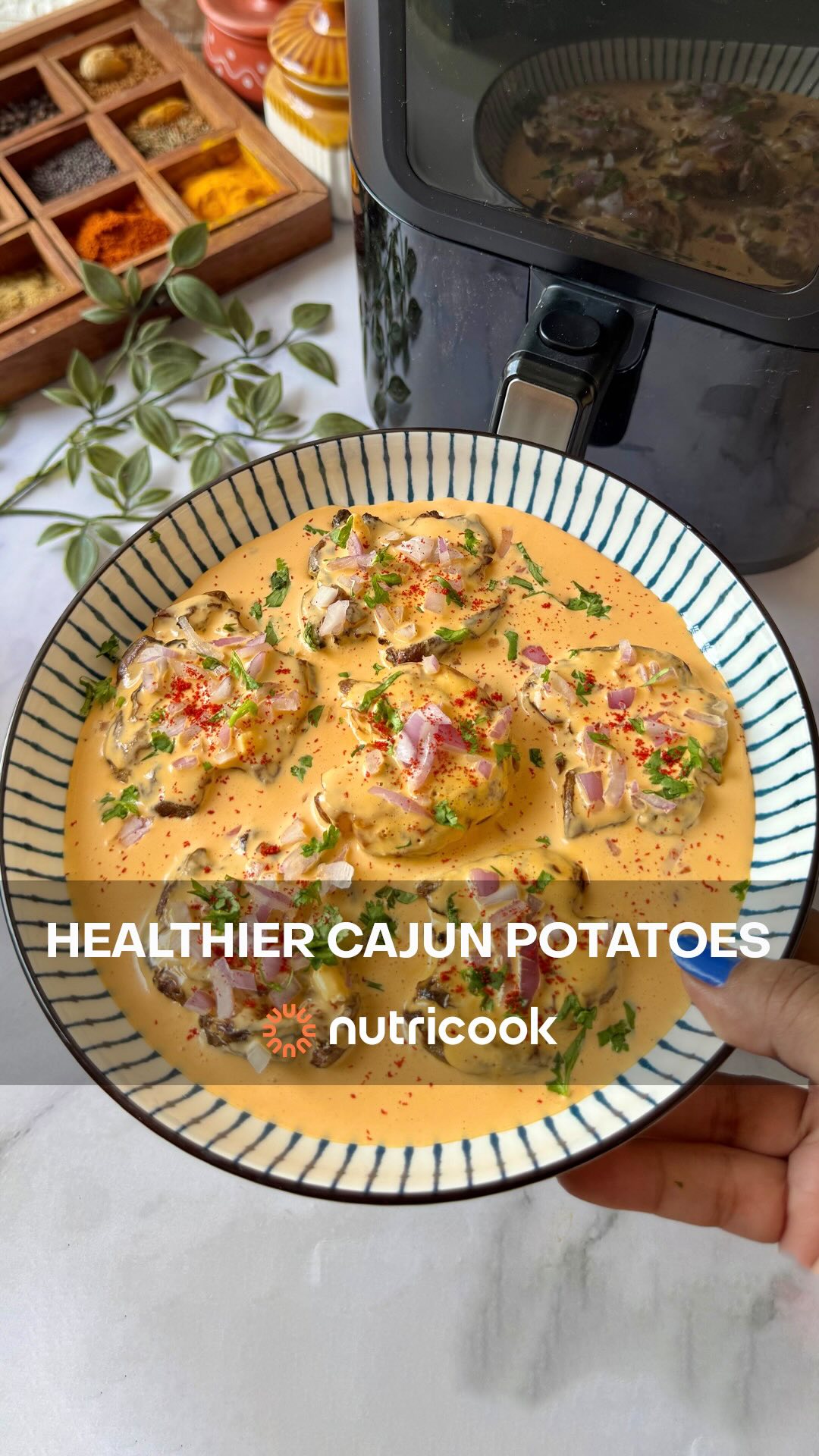 Instagram post by @foodklick for Nutricook India. Caption reads: ✨ Healthier Cajun Potatoes ✨

These Healthy Cajun....