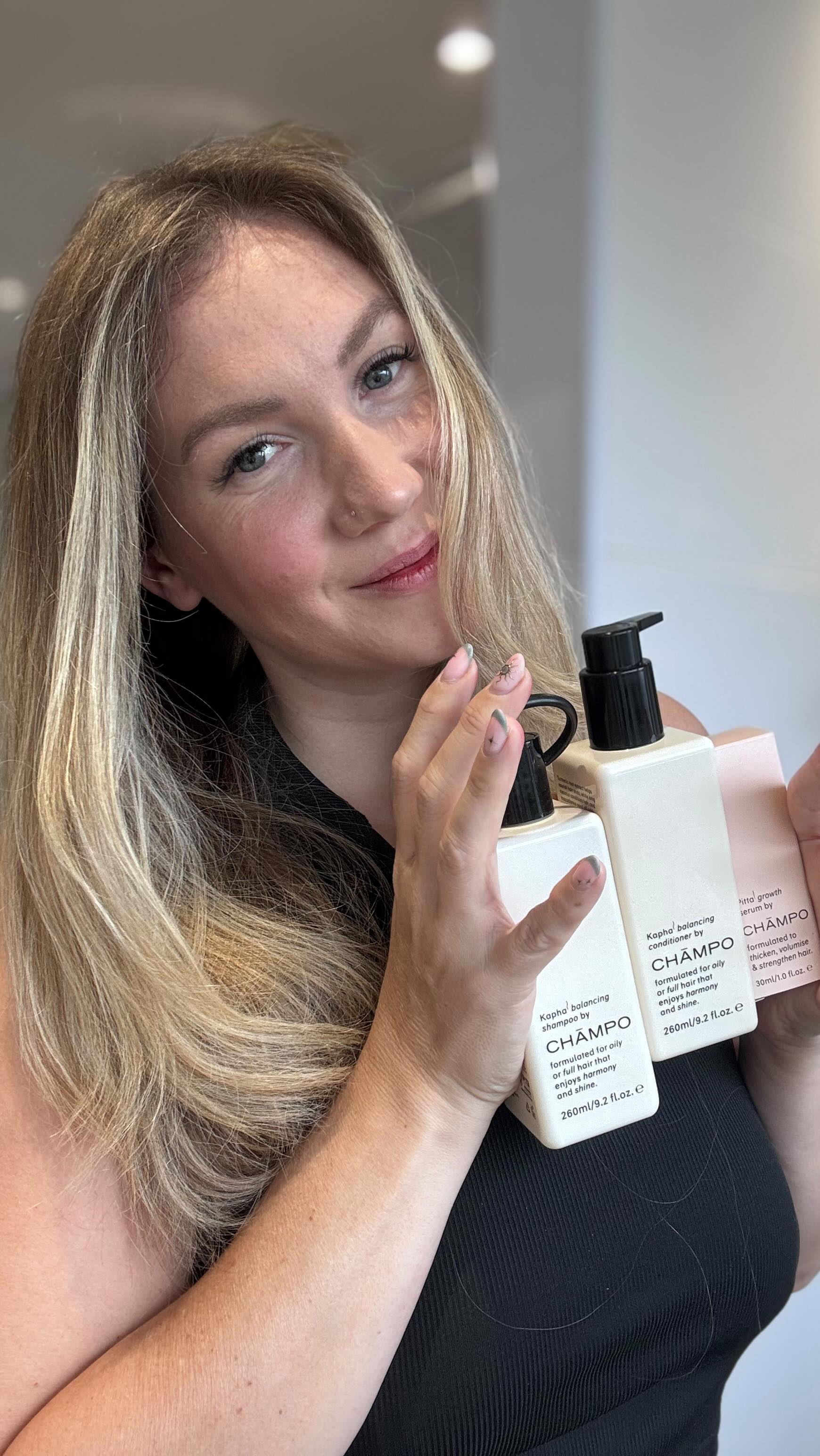 Instagram post by @beingamykate for Chāmpo Haircare. Caption reads: I think I may have finally started to nail my hair....