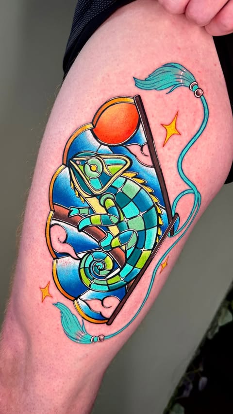 Instagram post by @caseymarietattoo for Barber DTS Tattoo Supplies. Caption reads: Stained Glass Chameleon Fan for Tyler, thanks so....