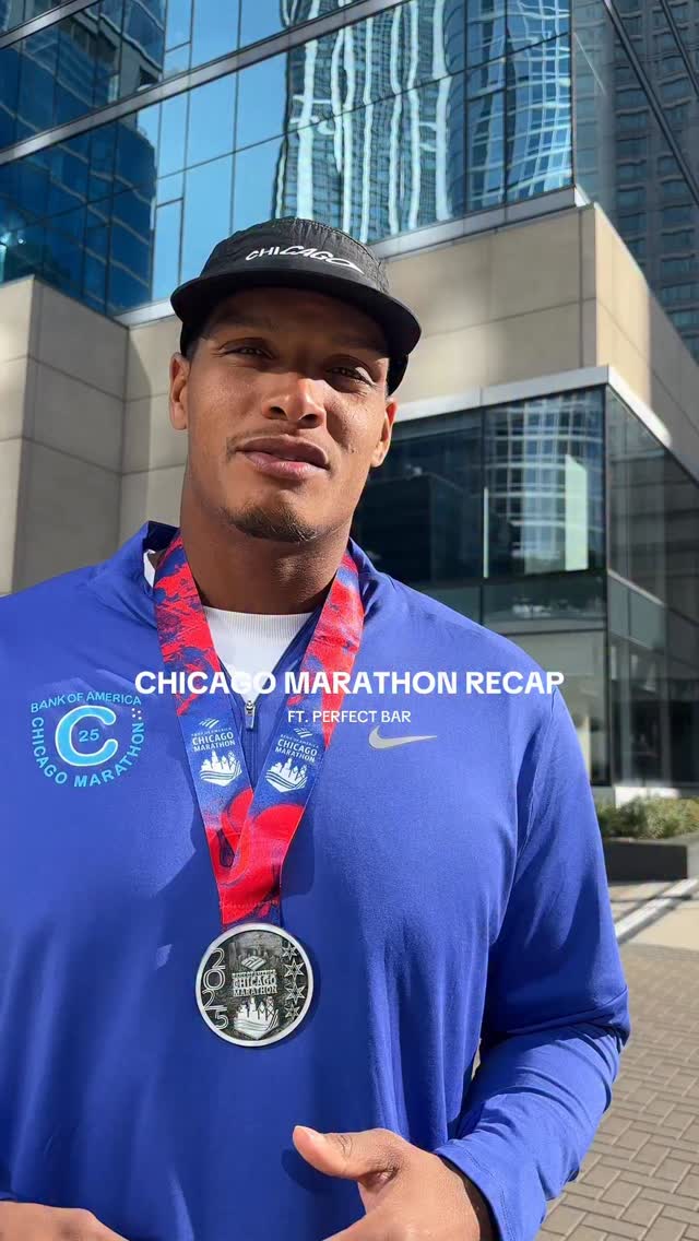 Instagram post by @isaacrochell for Perfect Bar. Caption reads: Cheers to 26.2 in Chicago🙏 thanks @perfectbar....