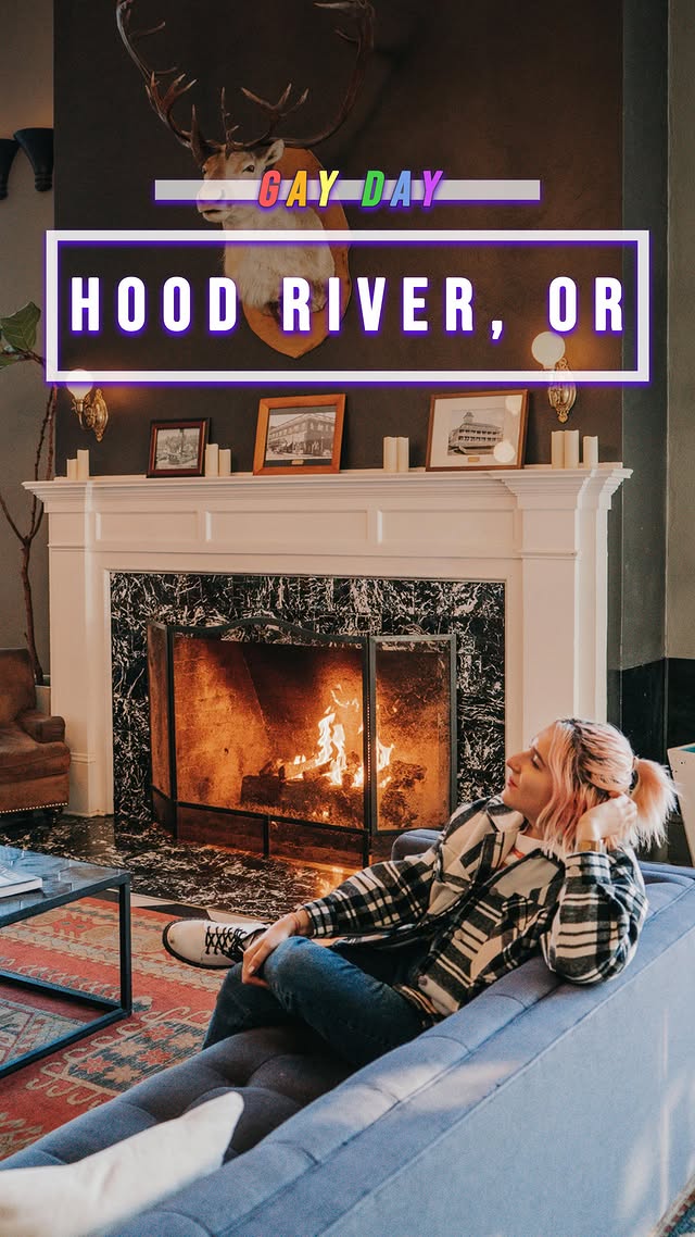 Instagram post by @itschrisandalex for Travel Oregon. Caption reads: Rainbows at the River! 🌈🏔️ @hoodriveroregon....