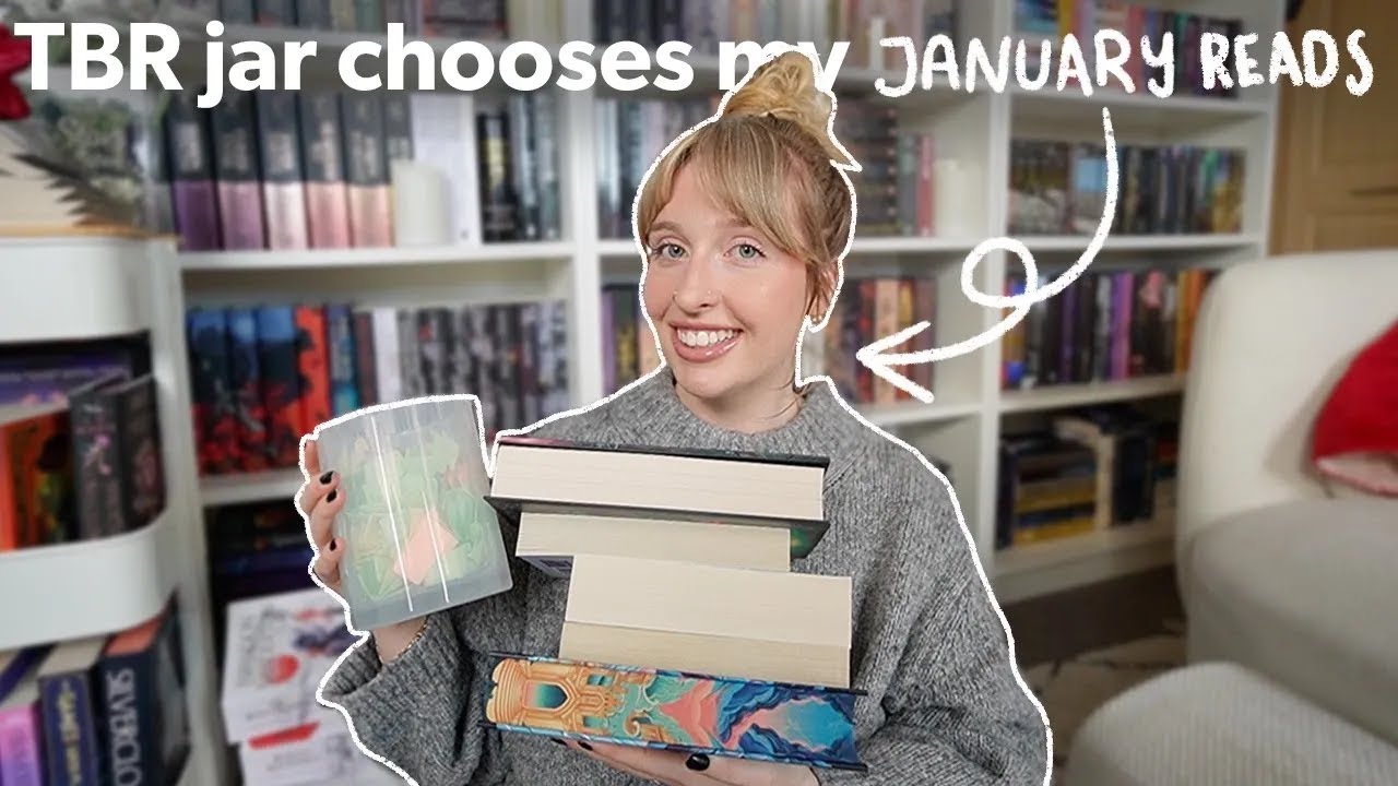 YouTube post by @emmyrosam for BookoftheMonth. Caption reads: TBR prompt jar chooses my January reads! 🫙📚....