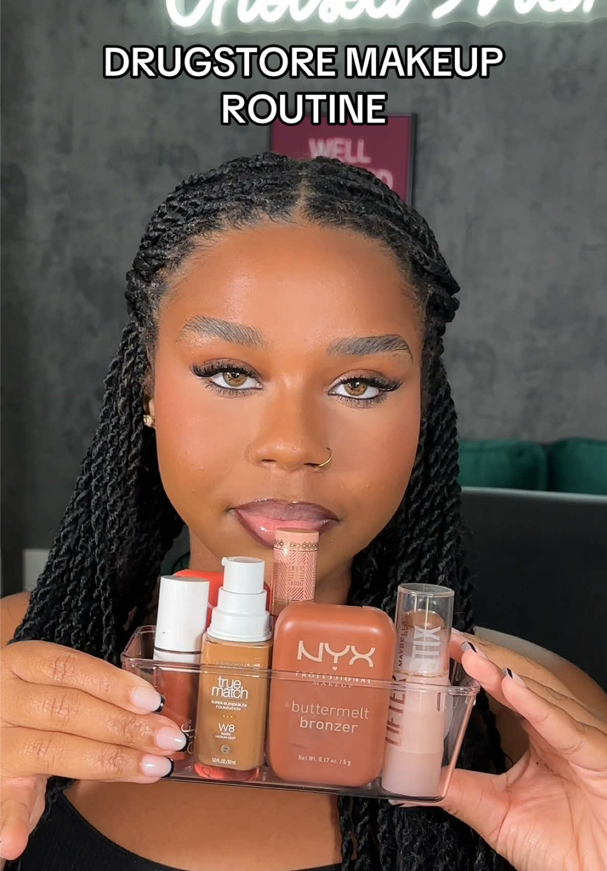 TikTok post by @_chelseaamariah for Maybelline. Caption reads: A few of my favorite drugstore makeup favorites....