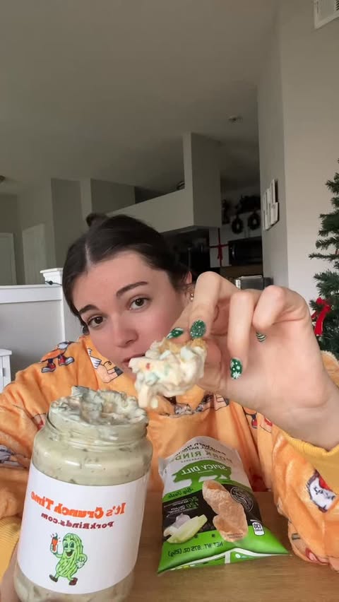 Instagram post by @cookin.em for Pork Rinds. Caption reads: spicy dill pickle dip!🔥 ft spicy dill....