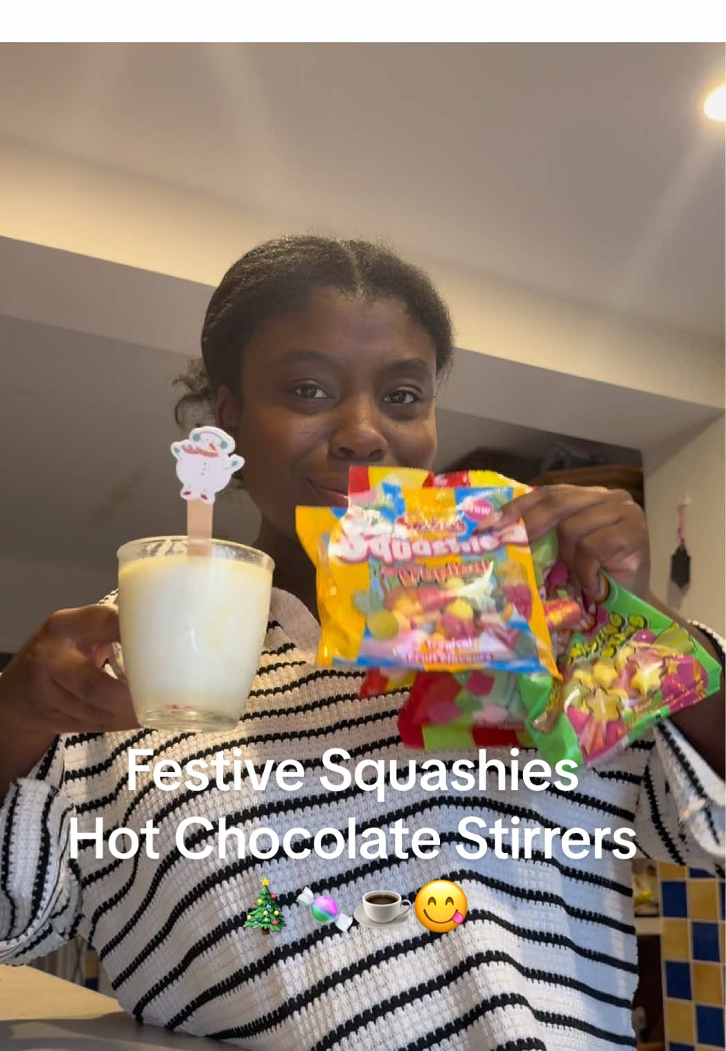 TikTok post by @hannahsfamilylife for Swizzels. Caption reads: AD DIY Squashies hot chocolate stirrers! 😍 Omg....