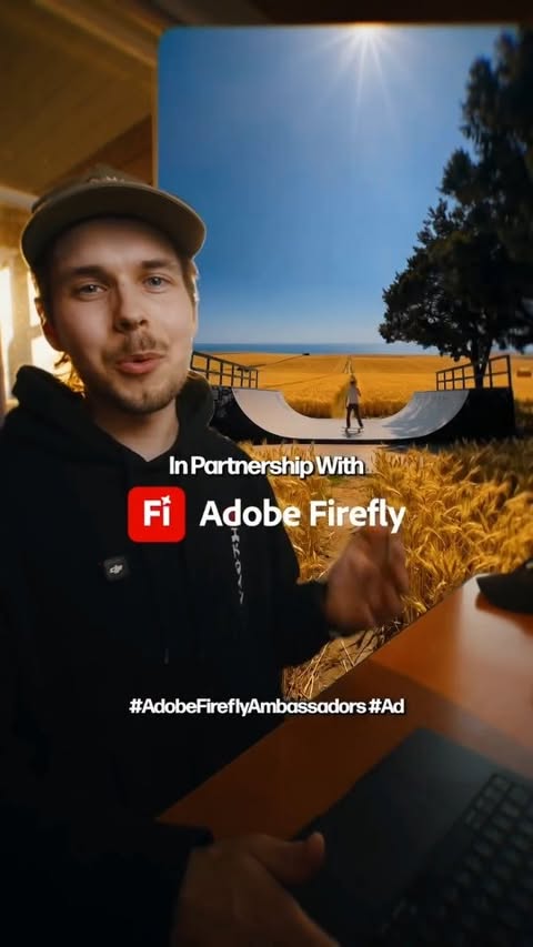 Instagram post by an influencer for Adobe. Caption reads: [...] this effect using Premiere + Adobe Firefly....