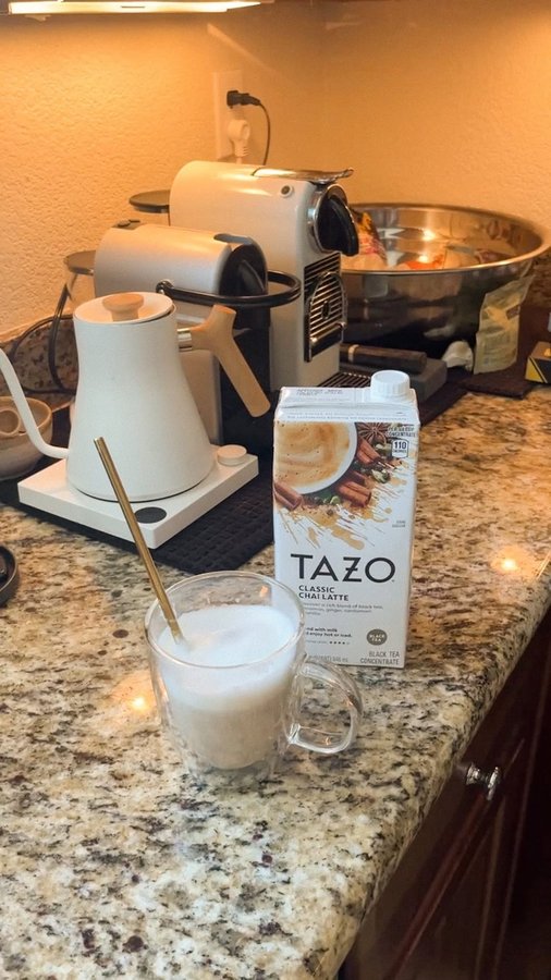 Instagram post by @kkateli for Tazo. Caption reads: #TAZOPartner How I make the quickest pick-me-up....