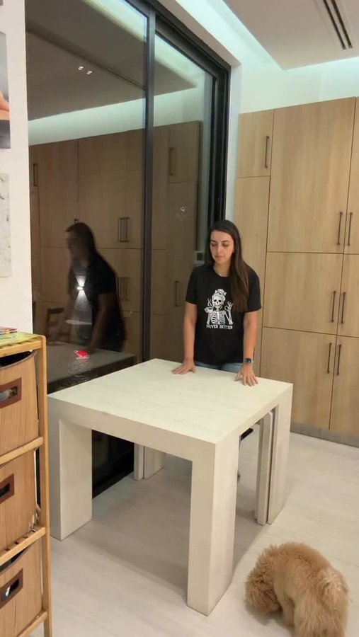 Instagram post by @faizaali for Transformer Table. Caption reads: Because who needs a gym membership when you’re....