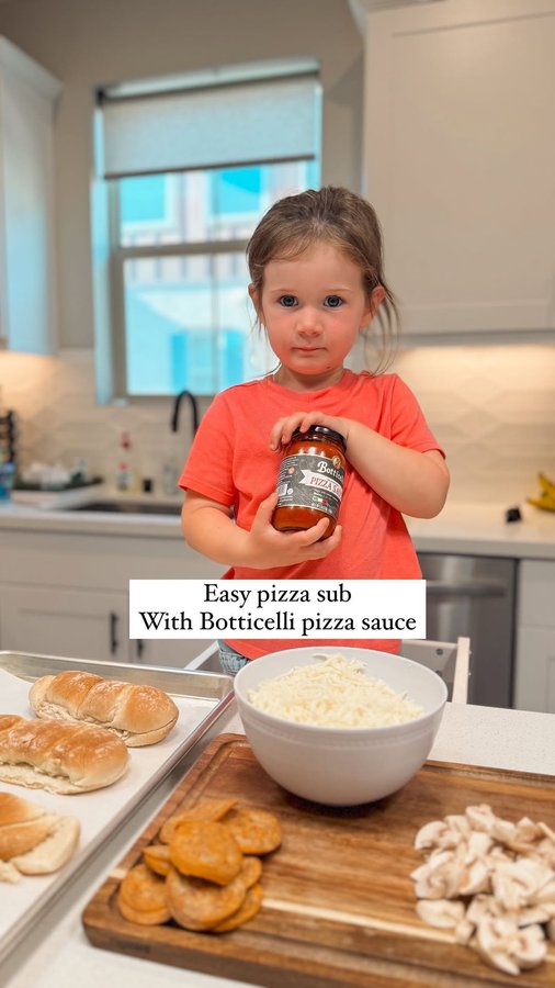 Instagram post by @theallaroundmama for Botticelli Foods. Caption reads: #ad 🍕✨ Pizza subs with @botticellifoods for....