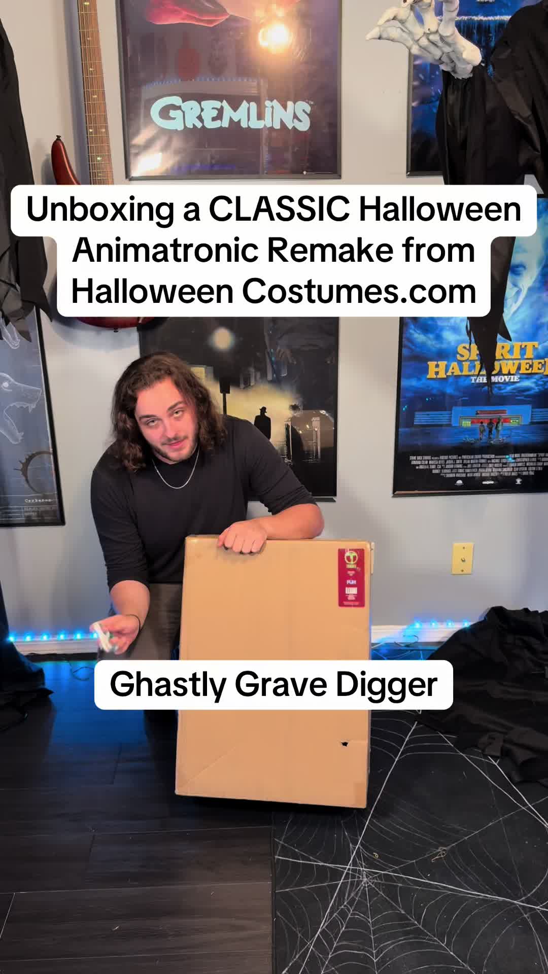 TikTok post by @mrhalloweenjunkie for Halloween Costumes. Caption reads: Unboxing a REMAKE of a CLASSIC Spirit Halloween....