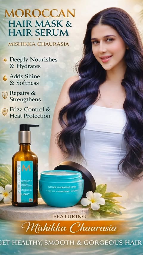Instagram post by @mishikkachaurasia for Moroccanoil. Caption reads: If confidence had a shine, it would look like....