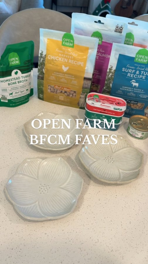 Instagram post by an influencer for Open Farm Pet. Caption reads: [...] up on premium pet food with @openfarmpet....