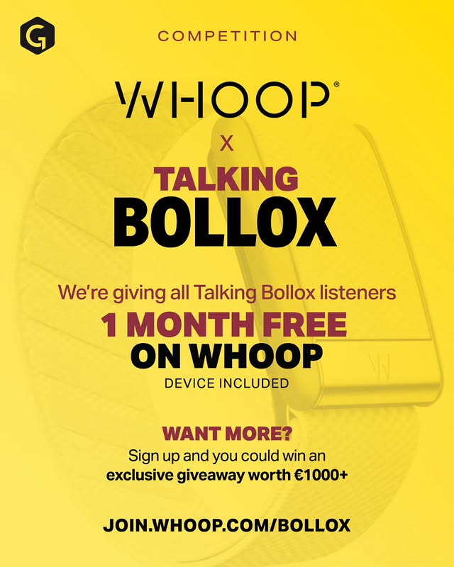 Instagram post by @talking_bollox_podcast for GoLoud. Caption reads: 🚨 Competition Time: WHOOP x Talking Bollox 🚨....