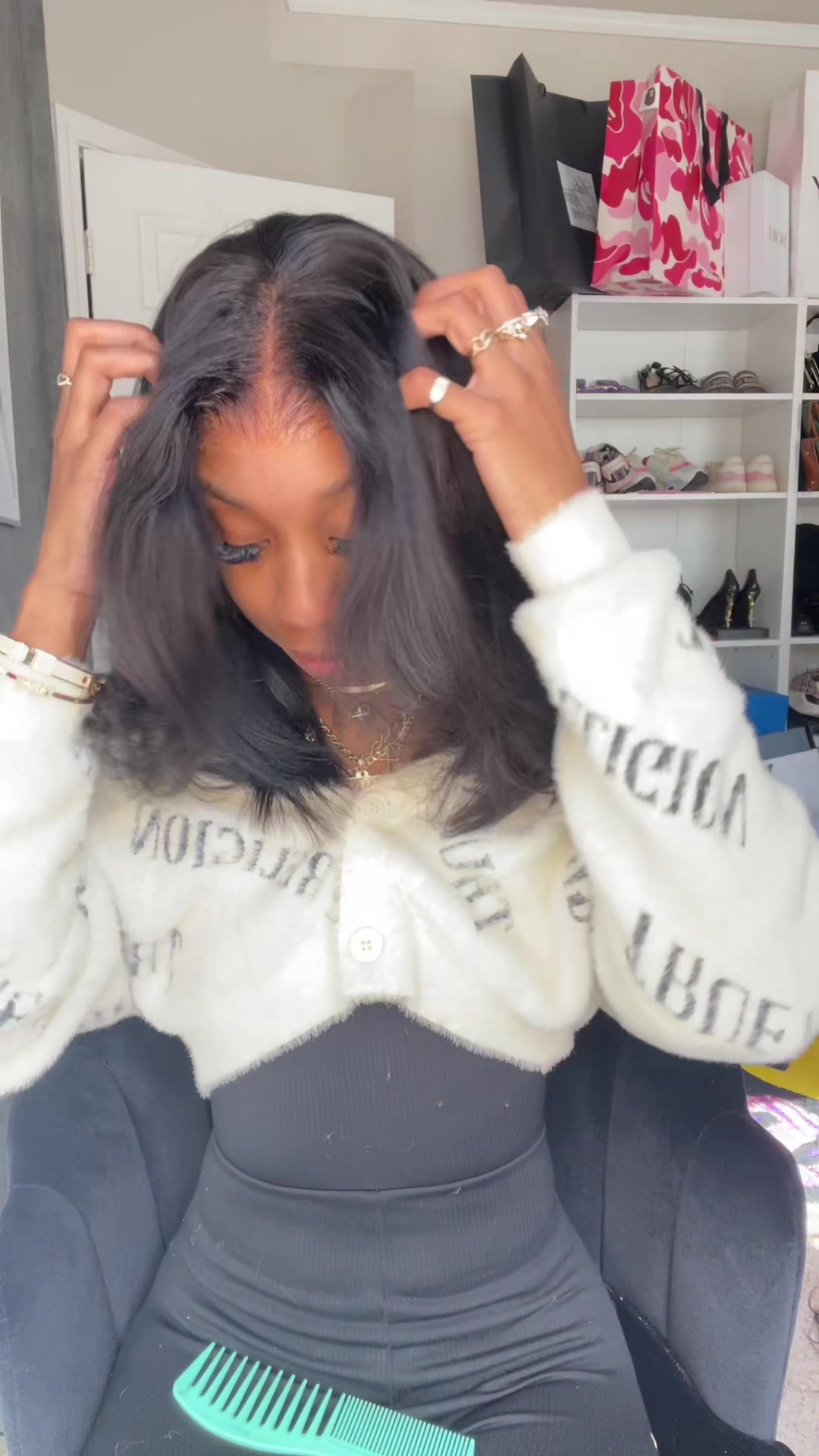 TikTok post by @crownmecutie for Wiggins Hair. Caption reads: 7x5 glueless layered yaki straight bob wig from....