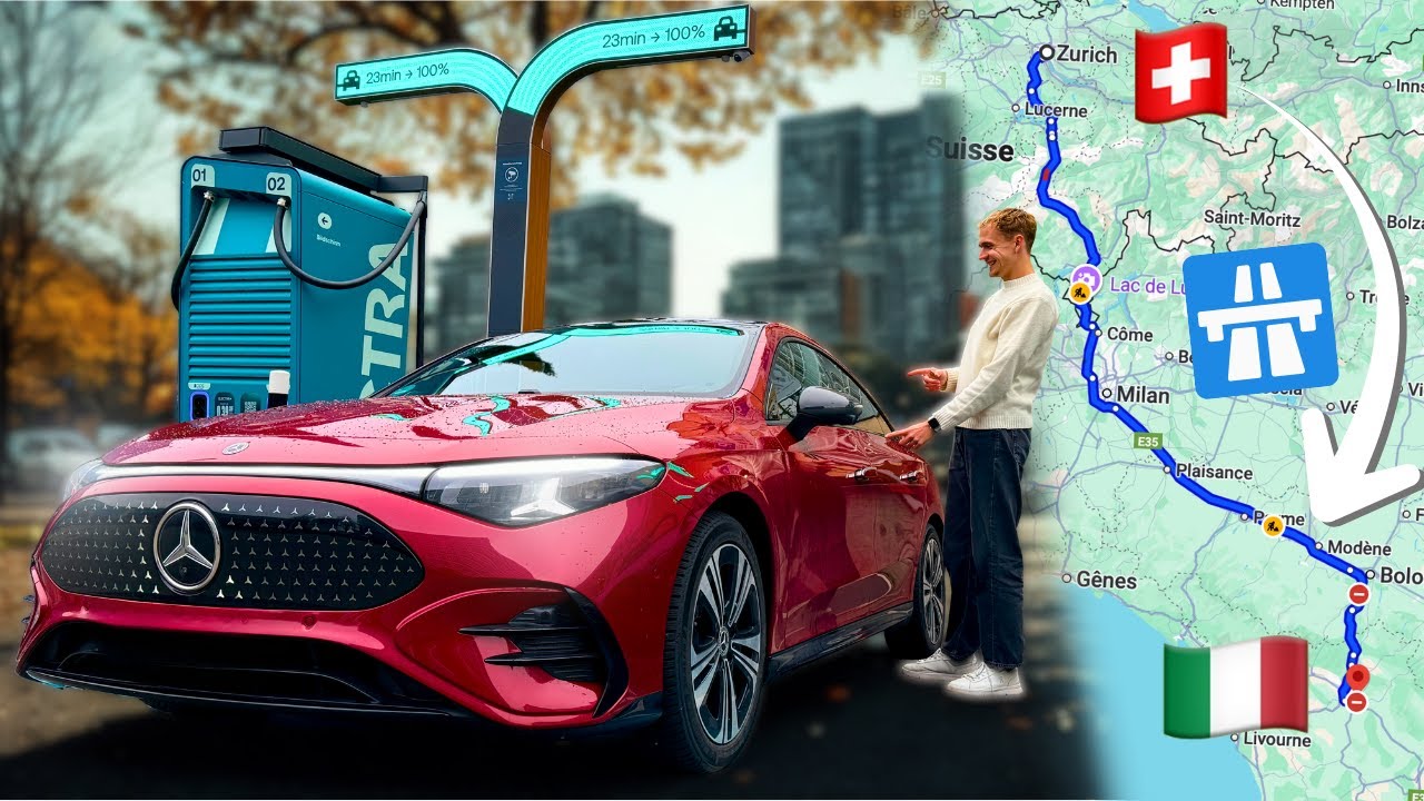 YouTube post by @SimplementJulien for Tesla. Caption reads: 1500 km in Italy in a Mercedes CLA! The best....