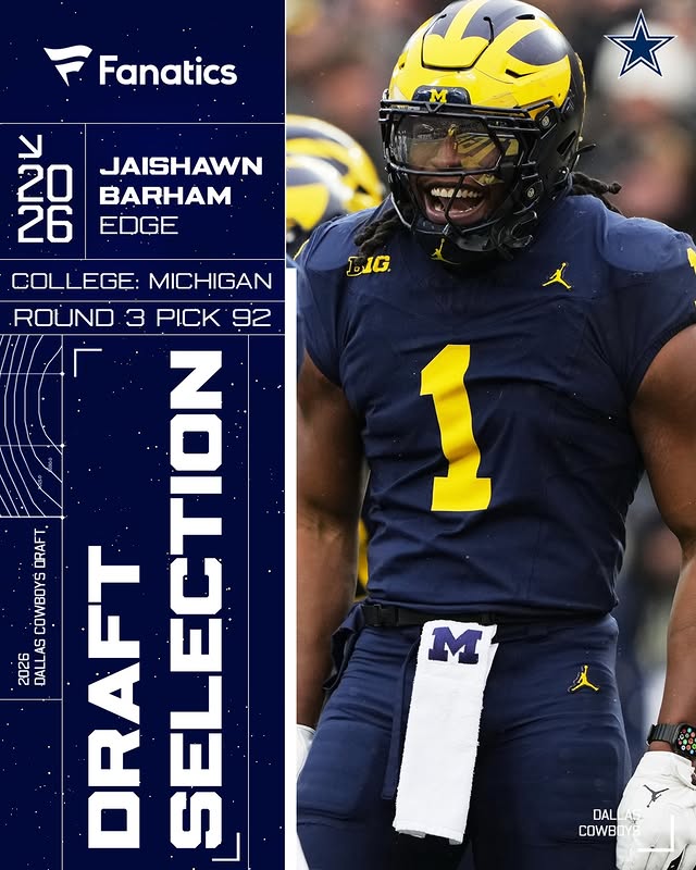 Instagram post by @jaishawnbarham for Fanatics. Caption reads: [...] looks best in blue 🔵 #CowboysDraft |....