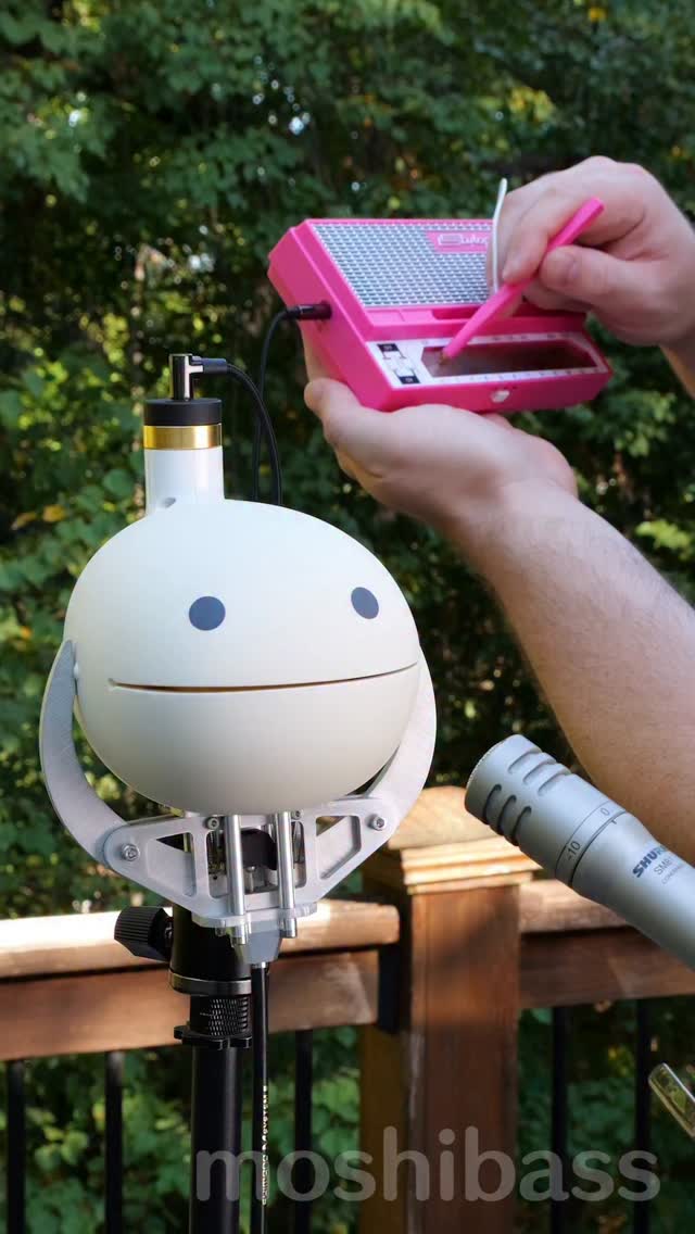 Instagram post by @moshibass for PCBWay. Caption reads: I connected a Pink Stylophone to an Otamatone....