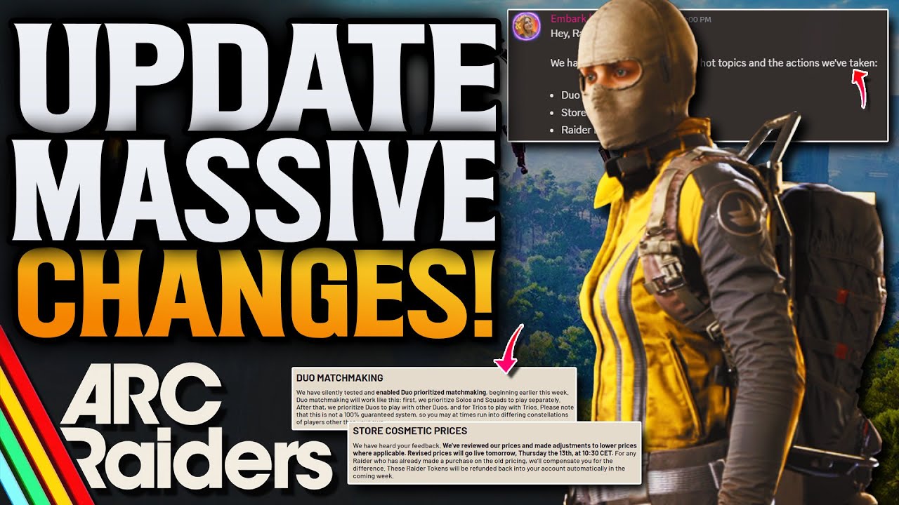 YouTube post by @cloudplays for Instant Gaming. Caption reads: ARC Raiders HUGE New Update! Duo Queues! Cheaper....