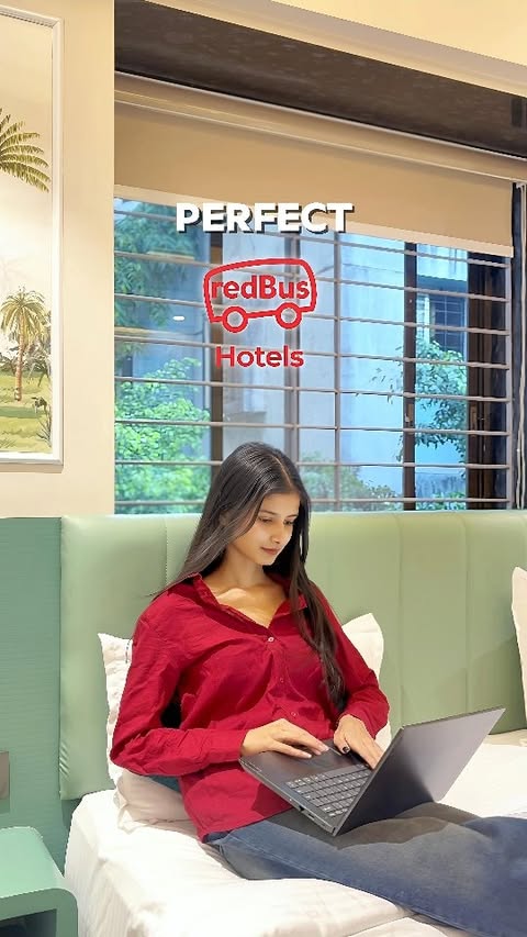 Instagram post by @nupursargam for RedBus. Caption reads: Layover? Work trip? Quick city stay? redBus Hotels....