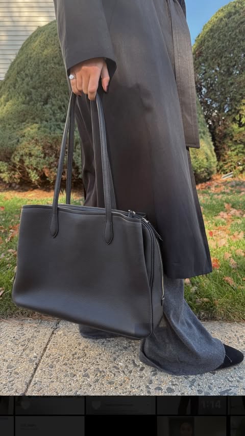 Instagram post by @marissayaps for Theory. Caption reads: my entire outfit (+sizing) is linked in my bio....