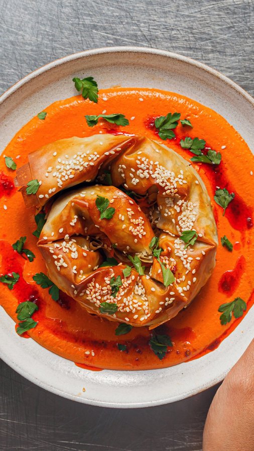 Instagram post by @roxyandben for Merchant Gourmet. Caption reads: HARISSA, LENTIL + MUSHROOM BÖREK with....