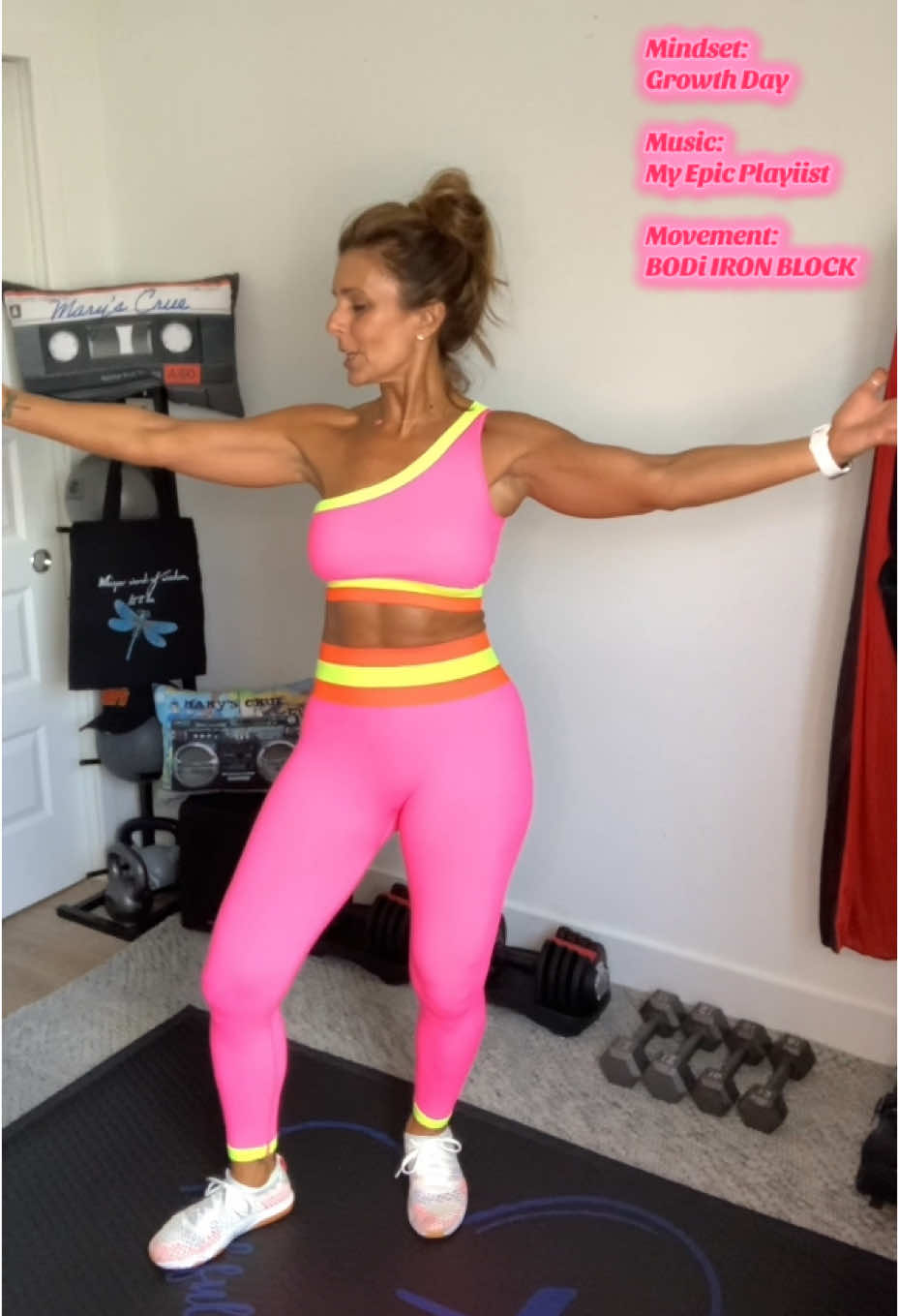 TikTok post by @maryschrank for BODi. Caption reads: [...] WORKOUT 💪 Weights: @Yaheetech Workout:....