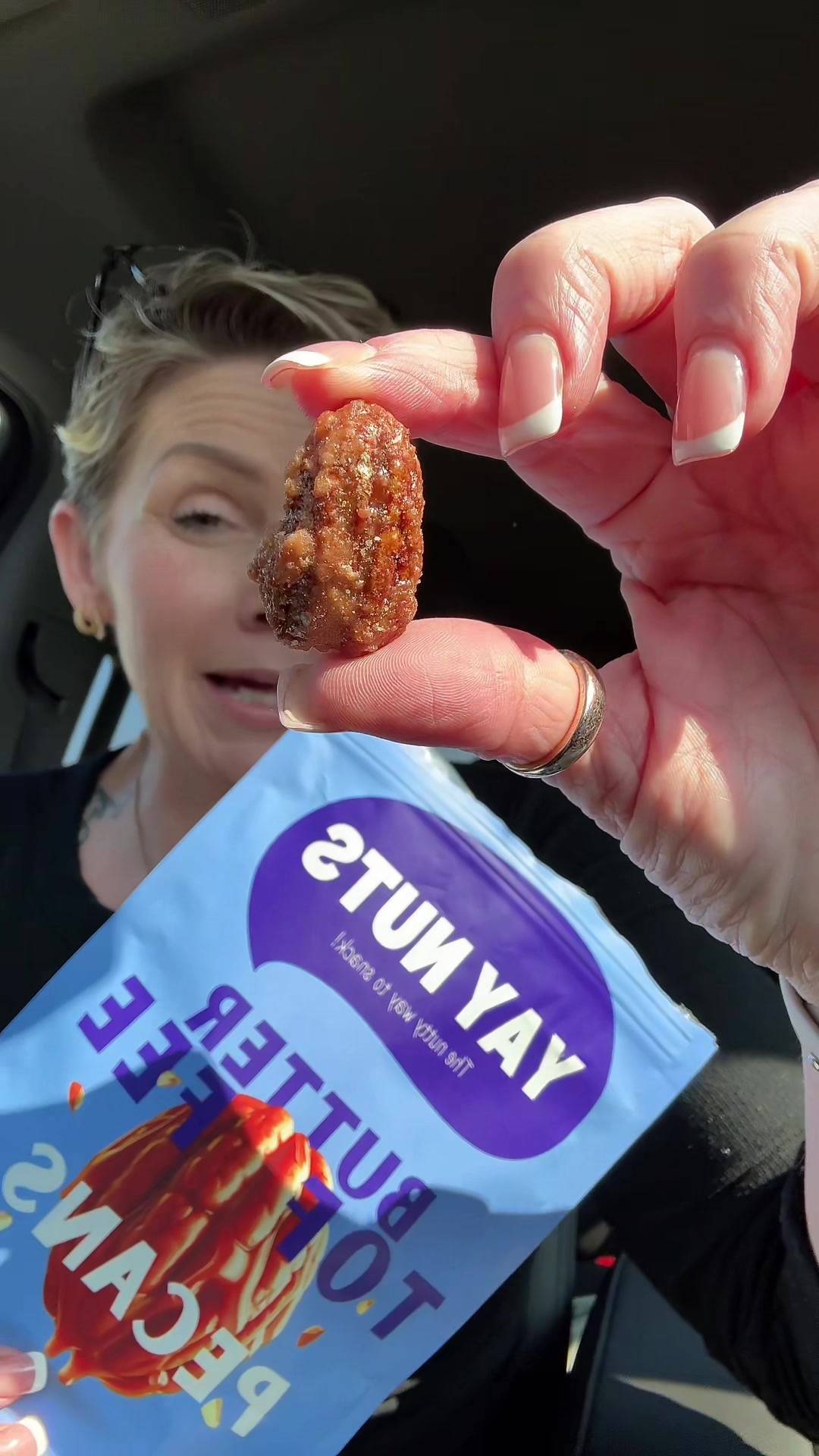 TikTok post by @outofmychell for Yay Nuts. Caption reads: Butter Toffee Pecans! SAY LESS! @yaynuts #yaynuts....