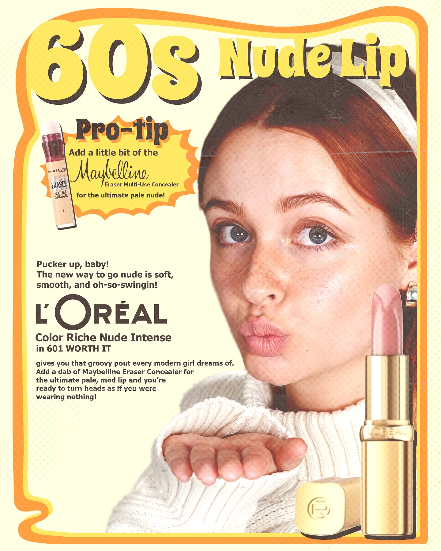 Instagram post by @ellieloveux for Maybelline. Caption reads: Products - Nude lipstick in each decade....