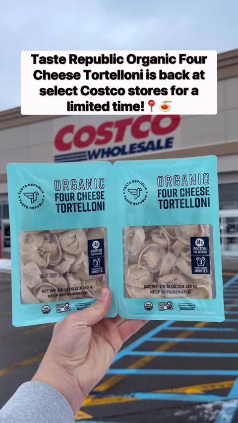 Instagram post by @costcobuys for Taste Republic. Caption reads: 🍝 Taste Republic Organic Four Cheese Tortelloni....