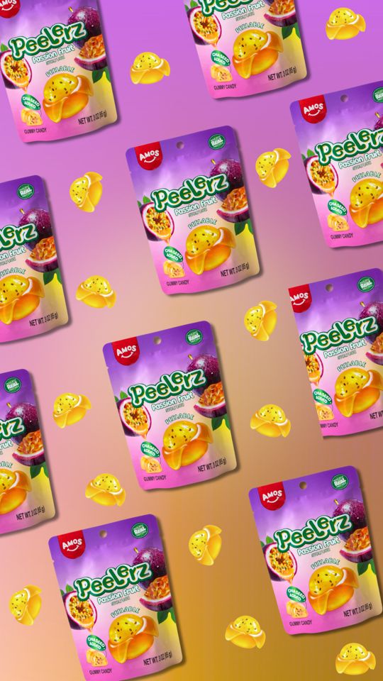 TikTok post by @candyfunhouse for Amos Sweets. Caption reads: Passion Fruit Peelerz are here with chia seeds....