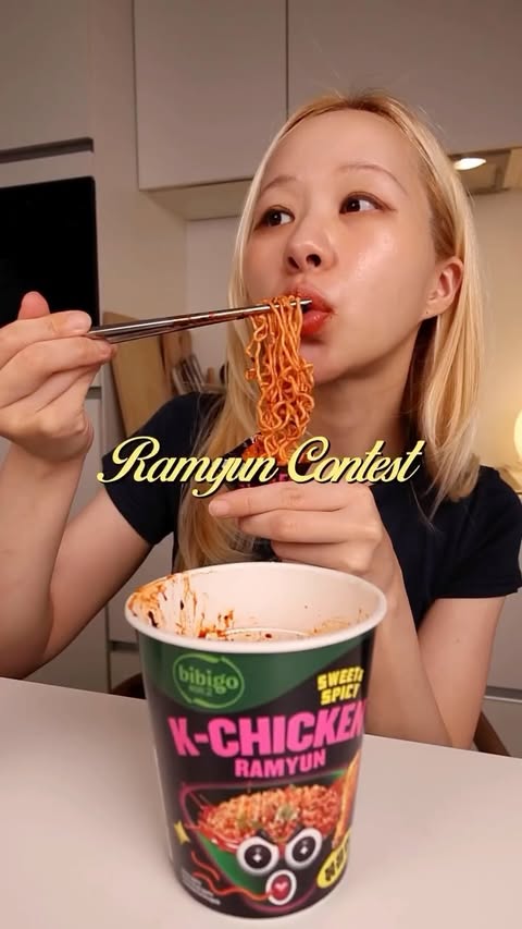 Instagram post by @blondekimchi_ for Bibigo. Caption reads: NEW bibigo Ramyun Combo Test 🍜 🥬 Kimchi Ramyun +....
