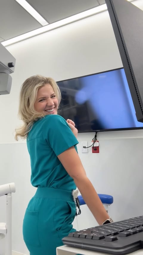 Instagram post by @dancingdmd for Fabletics Scrubs. Caption reads: [...] 🩵 . . . #dancingdmd #dentist....