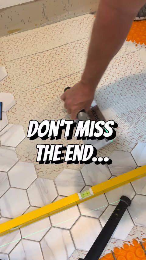Instagram post by @dj.tiling for STABILA. Caption reads: Hexagon heated floor was going well but then 4....