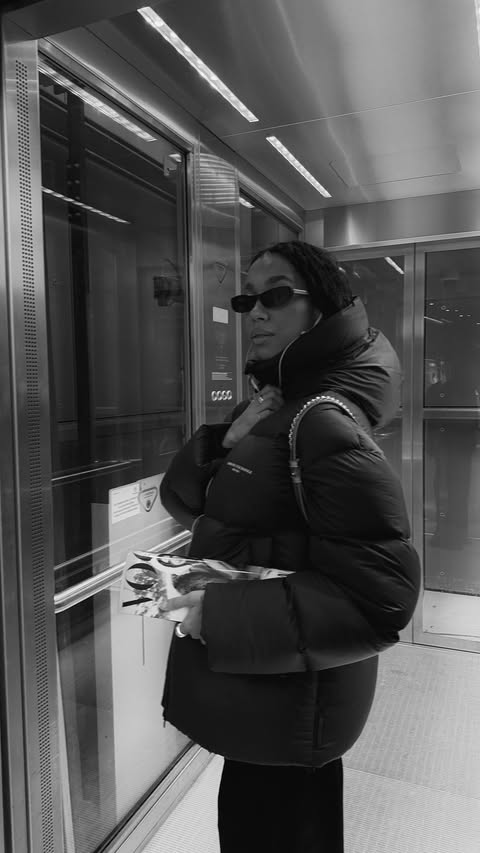 Instagram post by @amaka.hamelijnck for Armani Exchange. Caption reads: warmest outfit of the year 🐻 @armaniexchange....