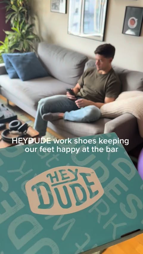 Instagram post by @ryanandcc for HEYDUDE. Caption reads: @heydude work shoes keeping our feet happy at the....