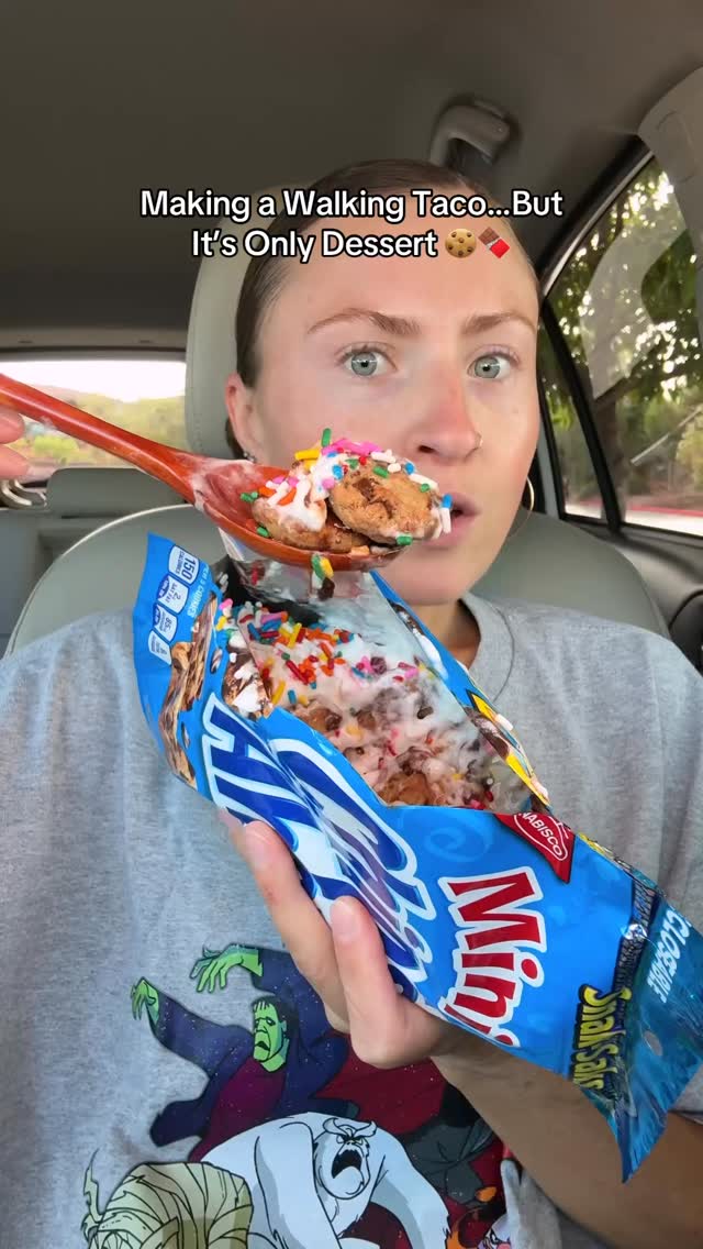 Instagram post by @morganchomps for Chips Ahoy!. Caption reads: Would you try a DESSERT walking taco? 🍪🍫....