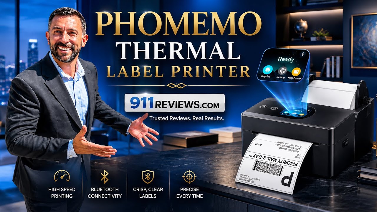 YouTube post by @911Reviews for Phomemo. Caption reads: Amazon: Official Store: Order your Phomemo PM64D....