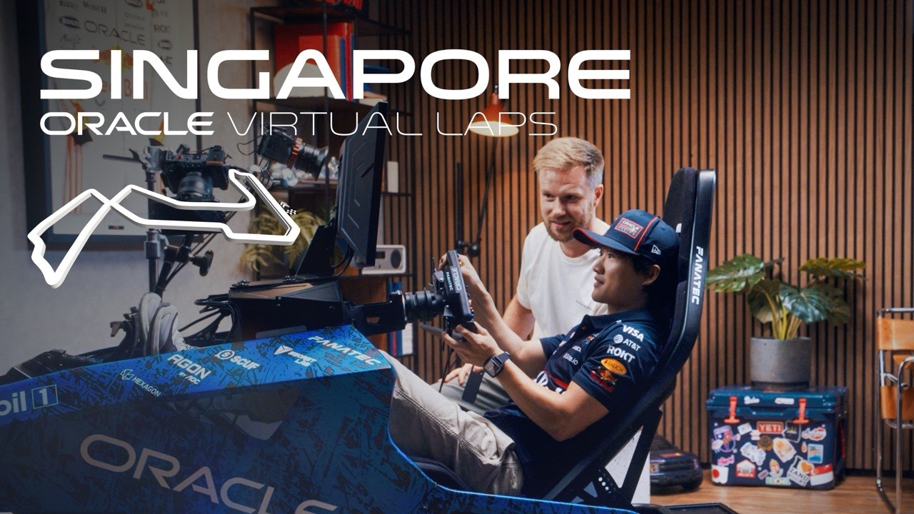 YouTube post by @redbullracing for Fanatec. Caption reads: Where Can You Gain Time at the Singapore GP? |....