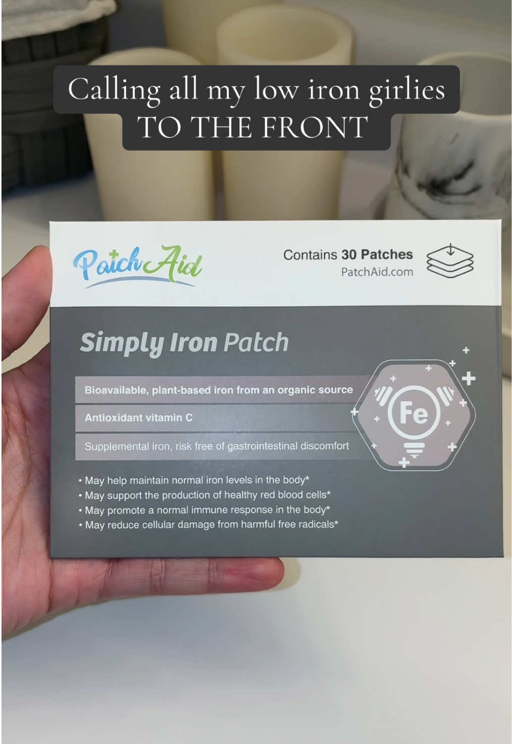 TikTok post by @christinadesireeee for PatchAid. Caption reads: [...] excuses for my low iron baddies 🩶🩶....