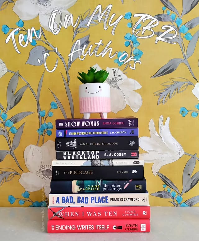 Instagram post by @emmas.biblio.treasures for Pan Macmillan. Caption reads: ✨𝑻𝒆𝒏 𝑶𝒏 𝑴𝒚 𝑻𝑩𝑹 - '𝑪' 𝑨𝒖𝒕𝒉𝒐𝒓𝒔✨....